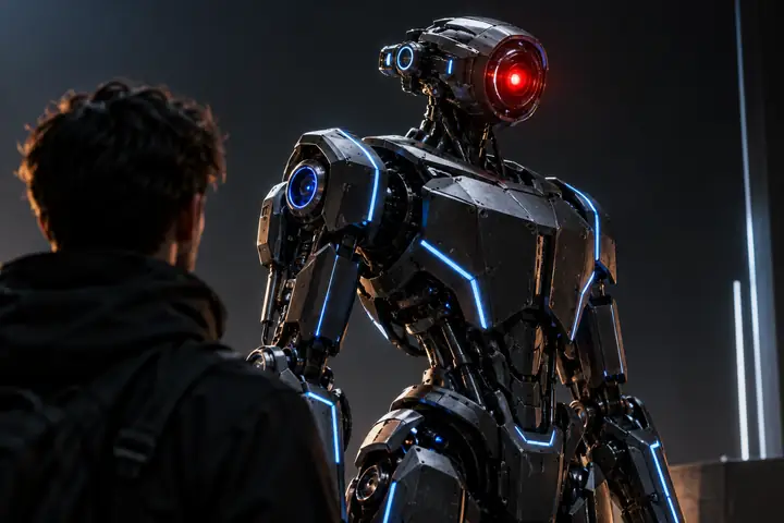 Detailreicher, kompakter schwarzer Science-Fiction-Roboter mit elektrisch blauen Paneelkanten und rot leuchtender Linse, dramatisch beleuchtet vor einem anthrazitfarbenen Studiohintergrund