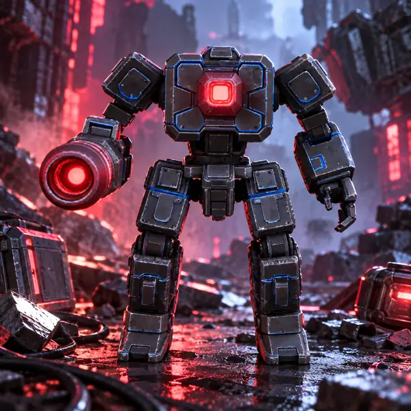 Kleiner dunkler Science-Fiction-Roboter mit blauen Akzenten und einem rot leuchtenden Auge