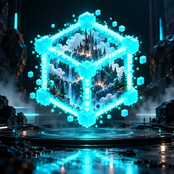 Cyanfarbene Kontur eines Voxel-Würfels