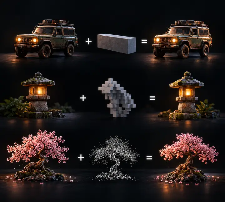 Dunkle 3D-Steuerungsoberfläche mit Beispielen für Bounding-Boxen, Voxel und Punktwolken