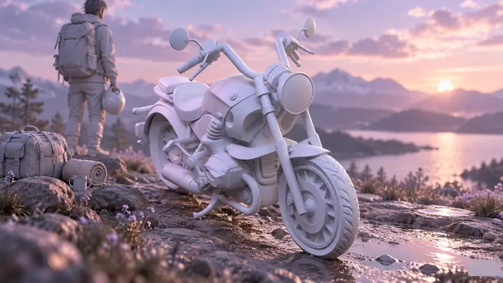 Detailreiches helllila Motorradmodell, dargestellt als bearbeitetes 3D-Konzept