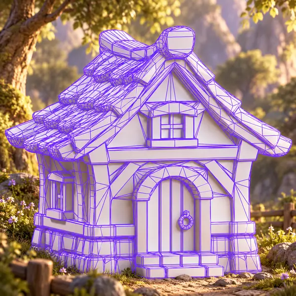 Kleines Bilderbuchhaus mit einer leuchtend violetten Low-Polygon-Drahtgitterüberlagerung