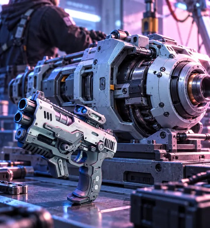 Kleineres hellblaues Science-Fiction-Objekt über einer größeren Komponentenstudie