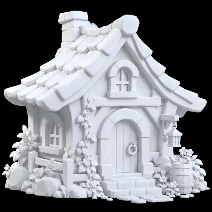 Verspieltes kleines Märchenhaus mit steilem Dach und gewölbtem Eingang, dargestellt als helles 3D-Modell